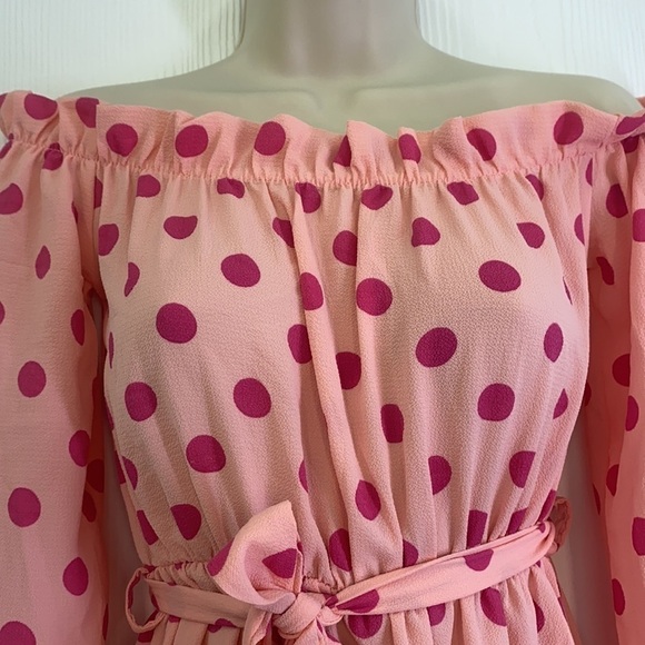 PrettyLittleThing- Dusty Pink Polka Dot Bardot Tie Waist Shift Dress Size 2 - Picture 5 of 13